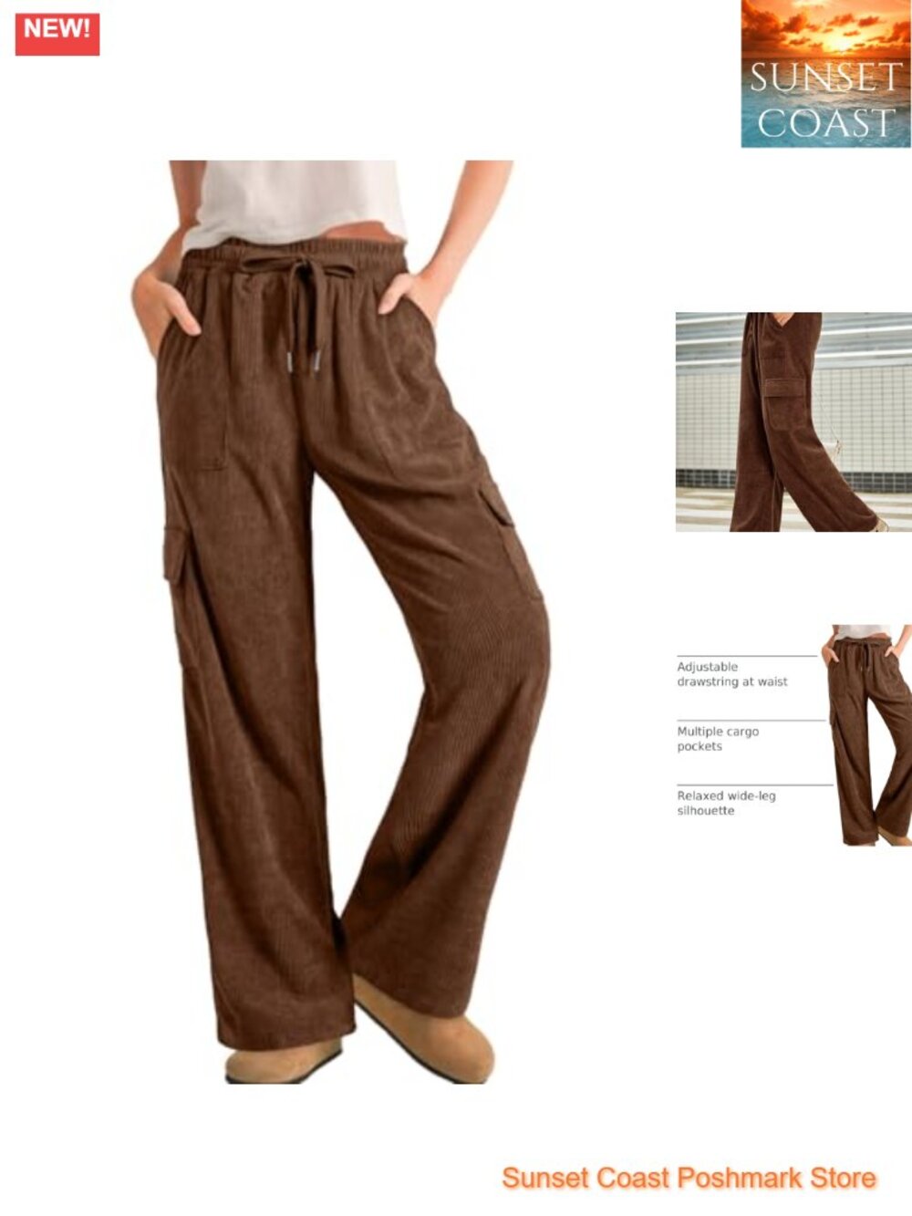 Corduroy Cargo Pants High Waisted Drawstring Wide Leg Loose Fit